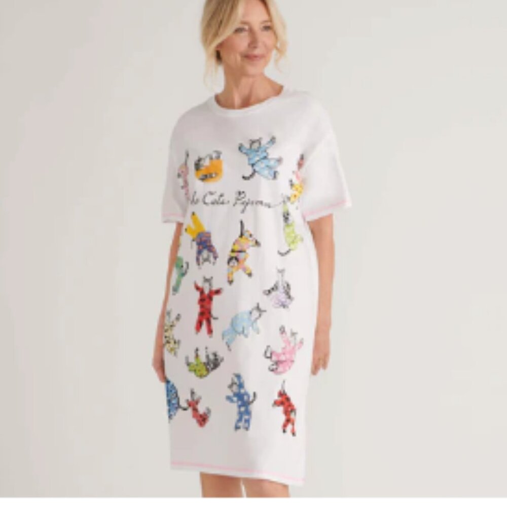 Colorful Cats in Pajamas Graphic Long Sleep Tee T-Shirt Cotton sz o/s